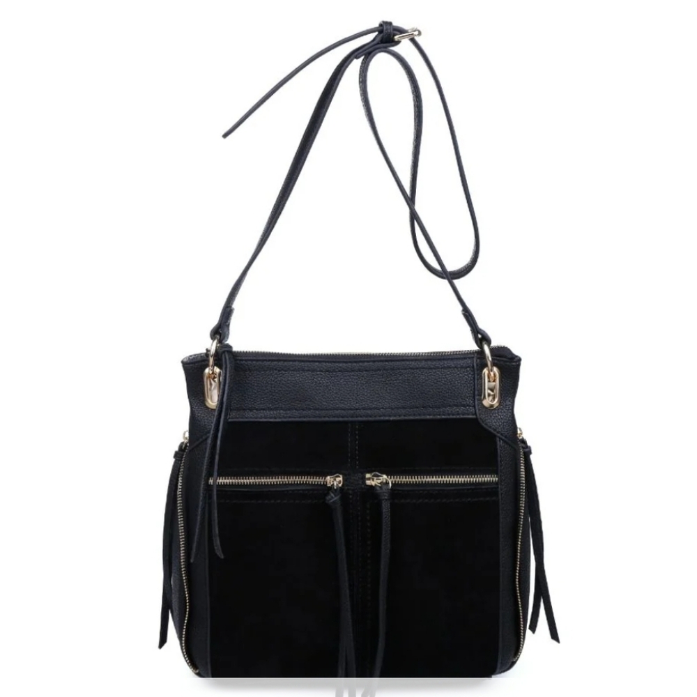 NWOT Moda Luxe Skyler Crossbody Black Velvet Vegan Leather Zip Closure Bag